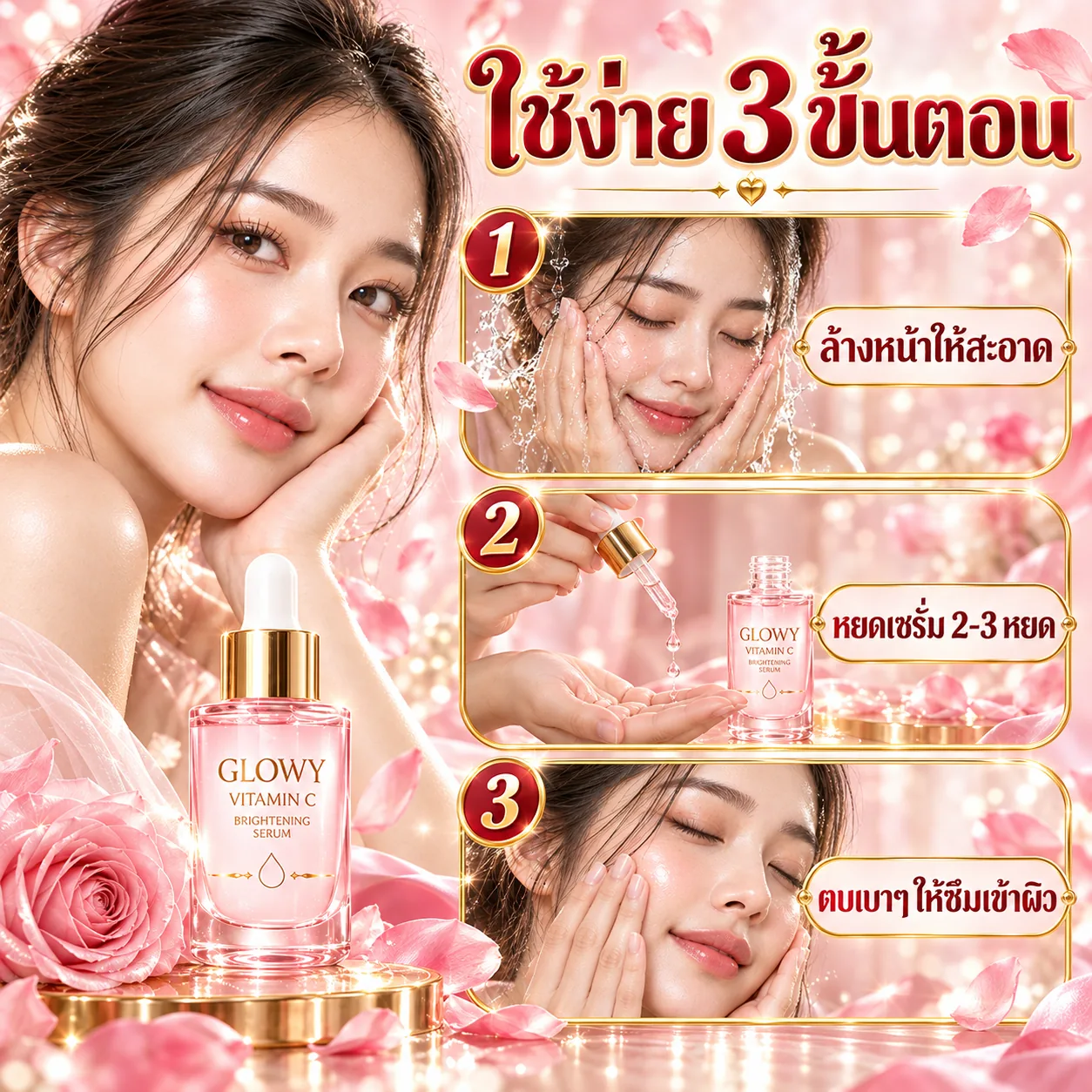วิธีใช้ 3 ขั้นตอน ล้างหน้า หยดเซรั่ม ตบเบาๆ
