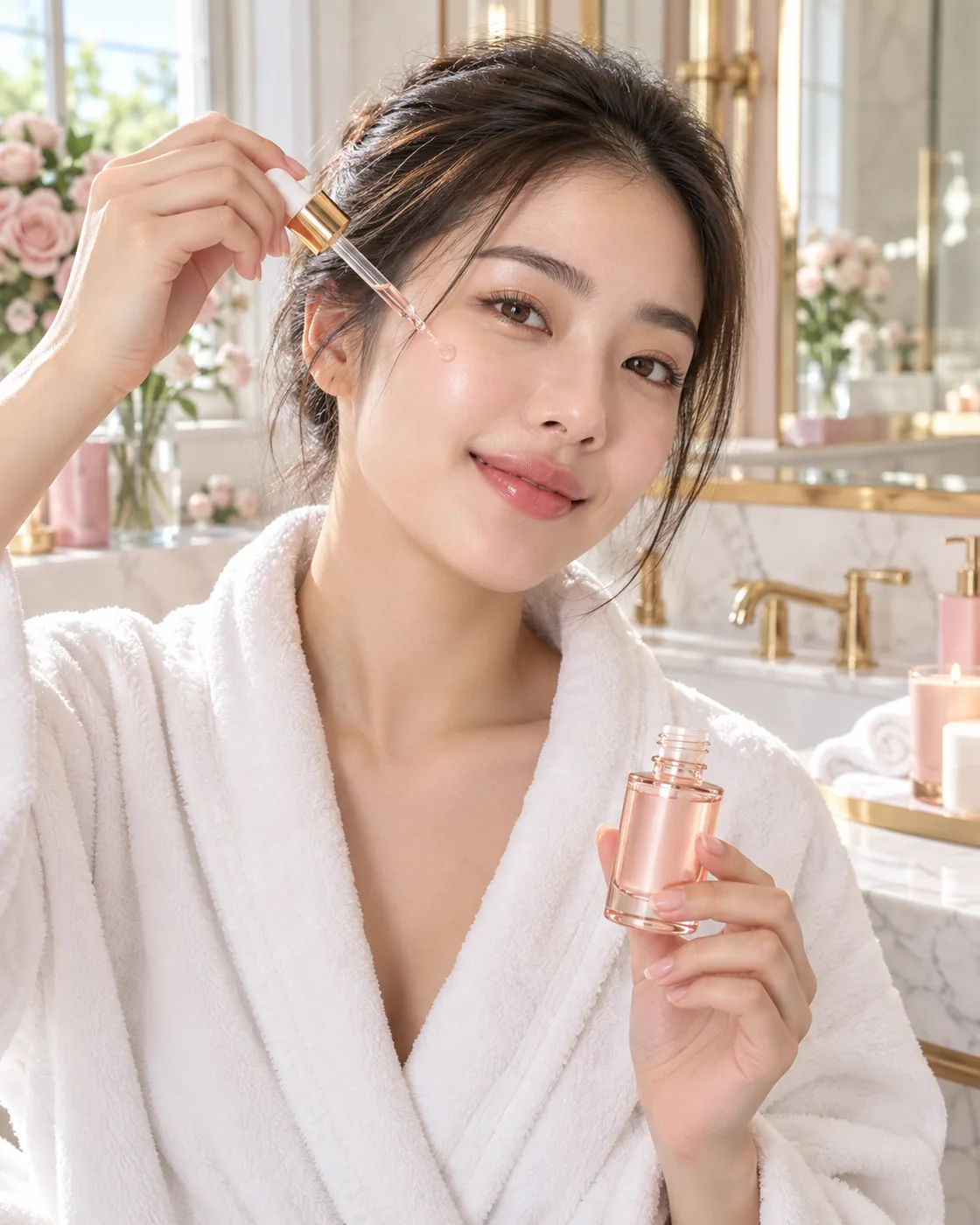 นางแบบหยดเซรั่ม GLOWY ในห้องน้ำ