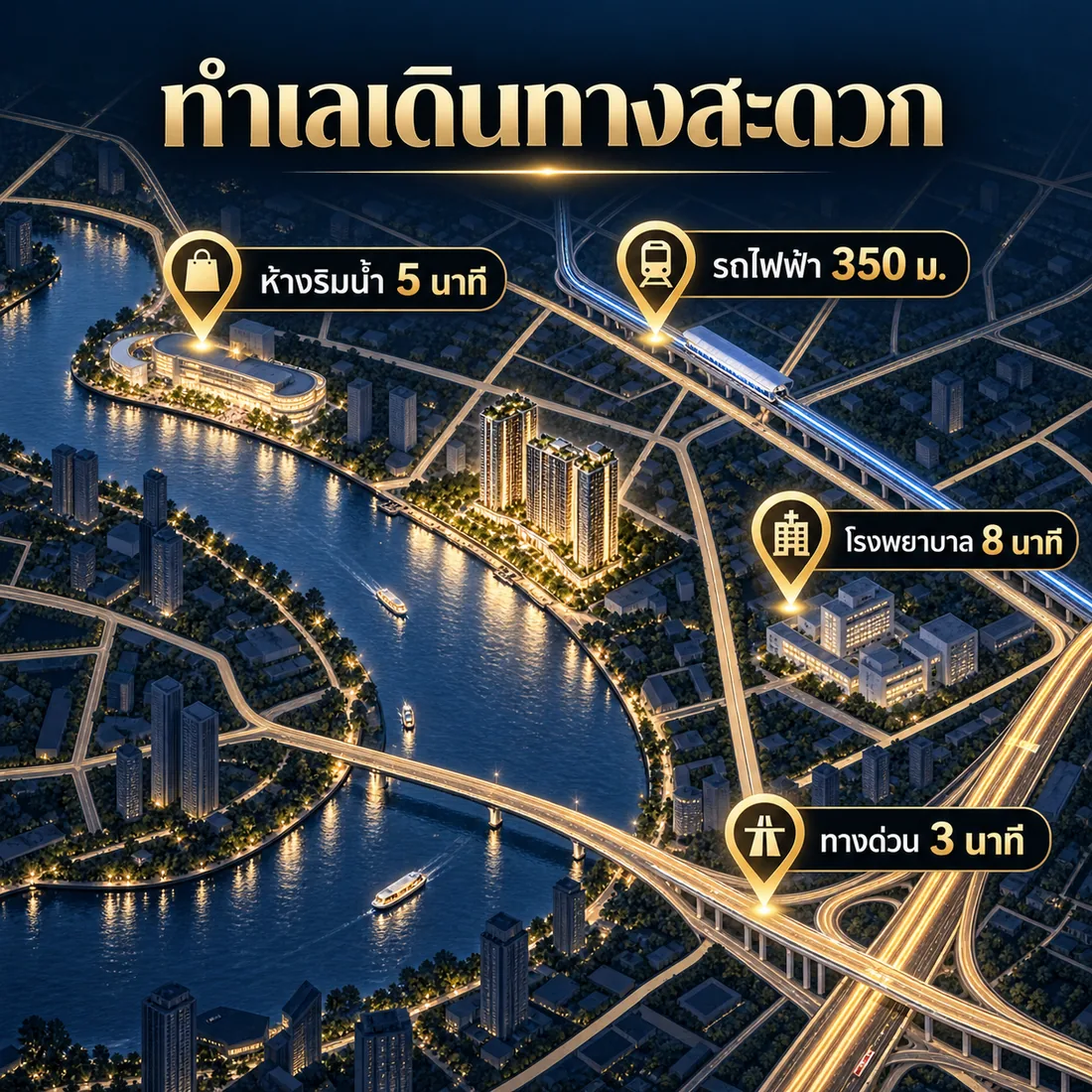 ทำเล ใกล้รถไฟฟ้า 350 เมตร ห้างริมน้ำ 5 นาที โรงพยาบาล 8 นาที ทางด่วน 3 นาที
